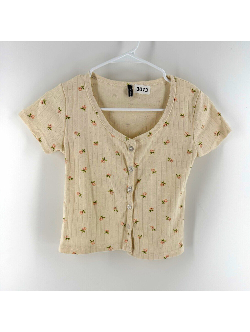 Brandy Melville Women’s Beige Floral Ribbed Knit Scoop Neck Button Front Top